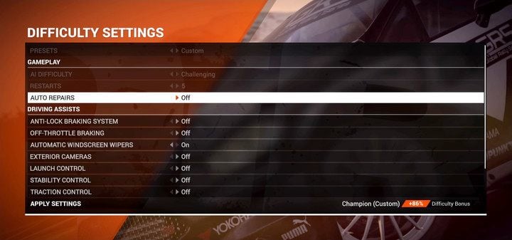 Nie możesz zmieniać poziomu trudności przeciwników i ilości powtórzeń w trakcie trwania zawodów - Dostosowanie poziomu trudności | Porady do DiRT 4 - DiRT 4 - poradnik do gry