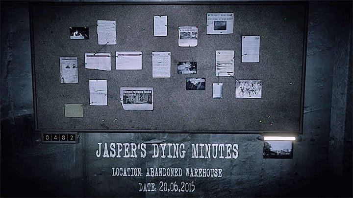Tablicę z dowodami rzeczowymi dla wspomnienia Jaspers Dying Minutes prezentuje powyższy obrazek - Jaspers Dying Minutes | Ukryte wspomnienia | Get Even - Get Even - poradnik do gry