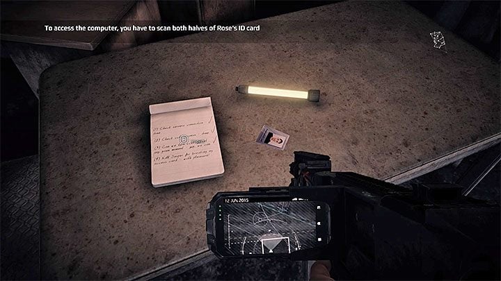Powróć do klatki schodowej, zejdź na niższe piętro i zacznij pomagać sobie lampą UV, dzięki której widoczne będą ślady stóp - Jak rozwiązać zagadkę z kartą ID Rose? | Get Even - Get Even - poradnik do gry