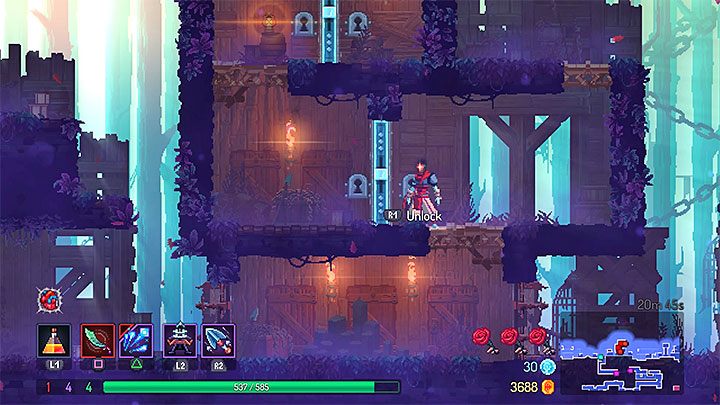 Po tym jak zdobędziesz wszystkie trzy klucze odszukaj budynek z trzema zamkniętymi drzwiami - pokazuje go dołączony obrazek - Jak zdobyć klucze Gardeners Key w Dead Cells? - Dead Cells - poradnik do gry