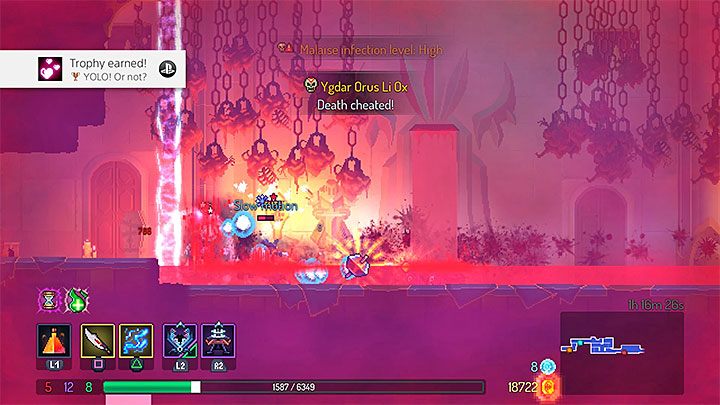 Po tym jak wybierzesz wspomnianą mutację wystarczyć pozwolić dowolnemu przeciwnikowi na odebranie bohaterowi wszystkich punktów zdrowia - YOLO! Or Not - trofeum w Dead Cells - Dead Cells - poradnik do gry