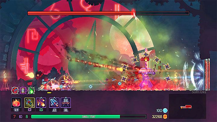 Pojedynek z The Time Keeperem składa się z trzech faz, przy czym tak na dobrą sprawę odnotujesz jedynie moment awansu do ostatniej trzeciej fazy, bo na ekranie wyświetlany jest wtedy krótki komunikat Lets finish this ze strony bossa - The Time Keeper Boss w Dead Cells - Dead Cells - poradnik do gry