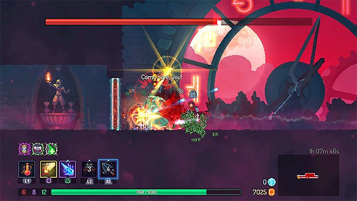 Jednym z najbardziej irytujących i kłopotliwych ataków The Time Keepera jest kotwiczka, którą boss może złapać i przyciągnąć do siebie bohatera i zatrzymać go na chwilę w miejscu - The Time Keeper Boss w Dead Cells - Dead Cells - poradnik do gry