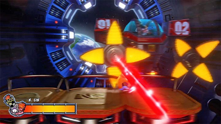 Pojedynek z Nitrusem Ginem składa się z trzech głównych faz i w każdej z nich musisz dostatecznie zniszczyć jego latającego mecha - Dr. Nitrus Gin | Crash Bandicoot 2 | Walki z bossami - Crash Bandicoot N. Sane Trilogy - poradnik do gry
