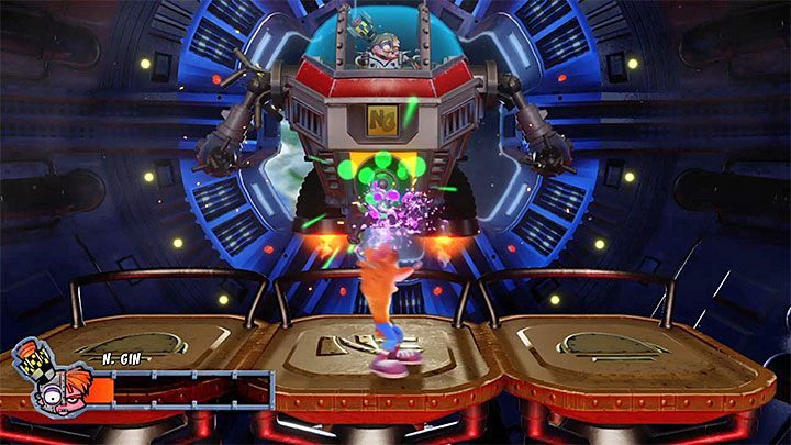 W ostatniej trzeciej części walki Nitrus Gin będzie korzystał z centralnego działka - Dr. Nitrus Gin | Crash Bandicoot 2 | Walki z bossami - Crash Bandicoot N. Sane Trilogy - poradnik do gry