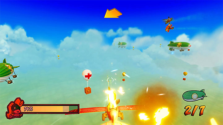 Do sterowania samolotem oprócz lewej gałki analogowej (lub przycisków na d-padzie) używa się też przycisków R2 (prowadzenie ostrzału z wykorzystaniem nielimitowanego zapasu amunicji), X (wykonywanie przewrotów - możesz sobie w ten sposób pomóc jeśli znajdziesz się pod ostrzałem) oraz Kółko (hamulce - Bye Bye Blimps | Crash Bandicoot 3 | Opis przejścia | Crash N. Sane Trilogy - Crash Bandicoot N. Sane Trilogy - poradnik do gry