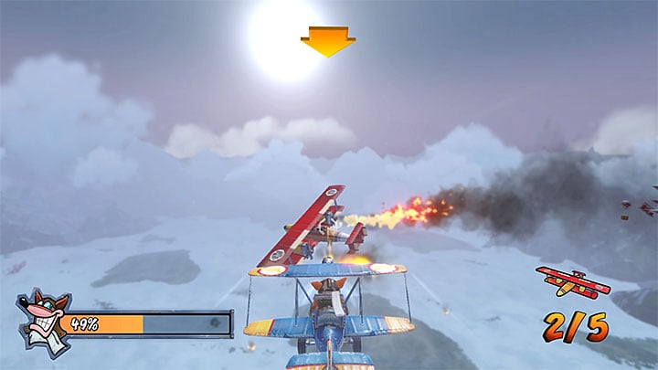 W celu zaliczenia tego etapu i zdobycia fioletowego kryształu musisz doprowadzić do zestrzelenia pięciu czerwonych bombowców - Mad Bombers | Crash Bandicoot 3 | Opis przejścia | Crash N. Sane Trilogy - Crash Bandicoot N. Sane Trilogy - poradnik do gry