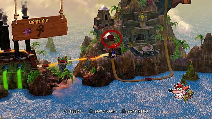 Do miejsca rozpoczęcia tego etapu prowadzi pokazana na powyższym obrazku ścieżka - Fumbling in the Dark (ukryty poziom) | Cortex Island | Opis przejścia - Crash Bandicoot N. Sane Trilogy - poradnik do gry