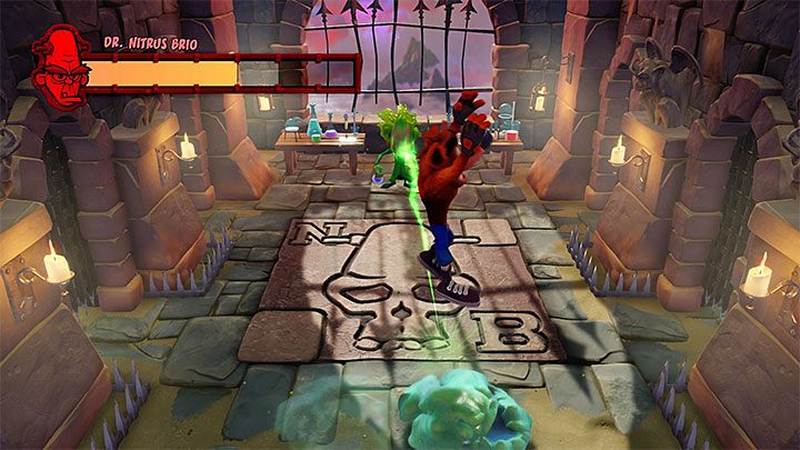 Wskoczenie na bloba pośle zielony pocisk w stronę bossa - Dr. Nitrus Brio | Crash Bandicoot - walki z bossami - Crash Bandicoot N. Sane Trilogy - poradnik do gry