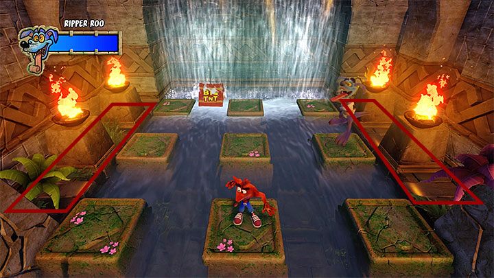 Pojedynek ten rozgrywa się na dziewięciu zielonych platformach otoczonych wodą i wymusza to konieczność wykonywania precyzyjnych skoków żeby nie wpaść do wody i automatycznie nie zginąć - Ripper Ruined | Crash Bandicoot - Trofea - Crash Bandicoot N. Sane Trilogy - poradnik do gry