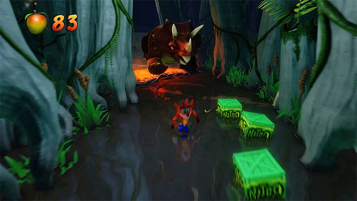 Po powrocie z bonusowej rundy omiń lawę oraz przeciwnika ukrywającego się w wodzie i wyrusz dalej - Bone Yard | Crash Bandicoot 3 | Opis przejścia | Crash N. Sane Trilogy - Crash Bandicoot N. Sane Trilogy - poradnik do gry