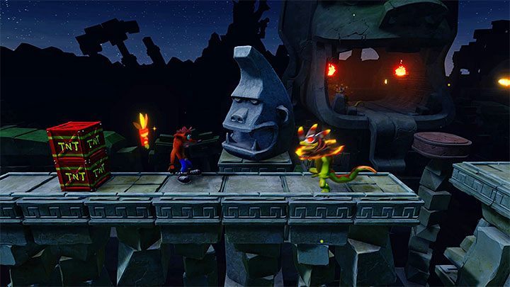 Wyrusz w górę ekranu i uważaj na wszystkie brązowe kamienne półki podobne do tej naptotkanej na samym początku etapu, bo niedługo po wylądowaniu na nich będą odpadały - Road to Ruin | Sewer Warp Room | Opis przejścia | Crash N. Sane Trilogy - Crash Bandicoot N. Sane Trilogy - poradnik do gry