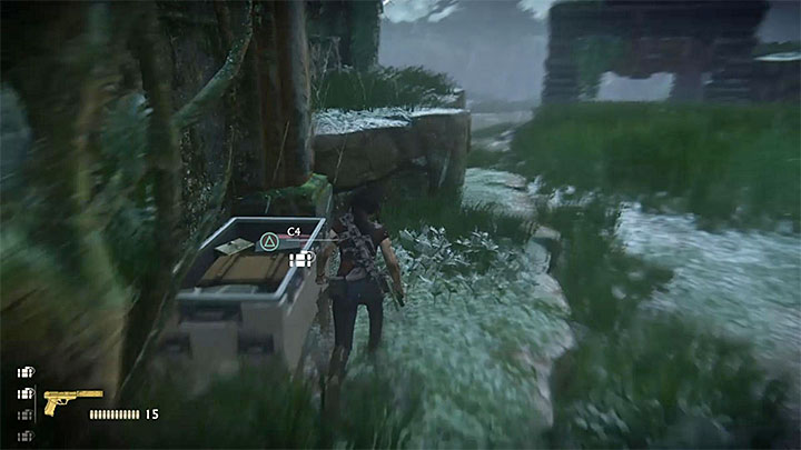 Począwszy od tego miejsca staraj się unikać wykrycia zarówno przed pojazd opancerzony jak i przez najemników przebywających w ruinach (uważaj na wrogów rozstawionych na dachach, bo mają oni lepsze pole rażenia) - Zabójcza siła rażenia (Overkill) | Poradnik do trofeów | Zaginione Dziedzictwo - Uncharted: Zaginione Dziedzictwo - poradnik do gry