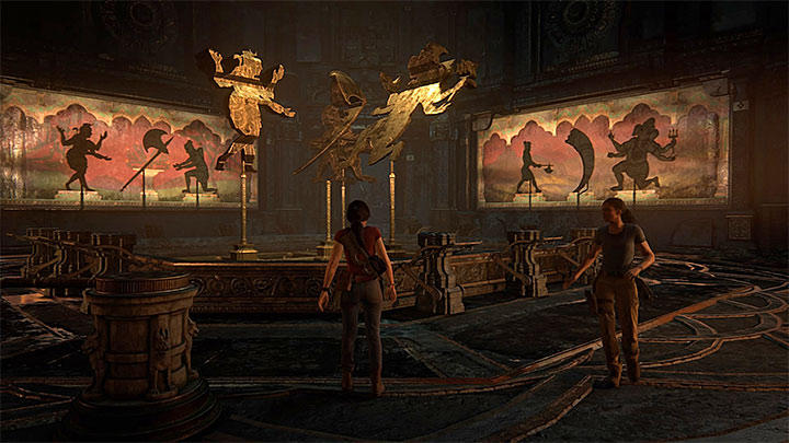 Finałowy wynik zmagań prezentuje powyższy obrazek - cienie na obu ścianach muszą w całości pokrywać się z obrazkami - 5 - Wielka bitwa - Zbadanie pieczary | Opis przejścia - Uncharted: Zaginione Dziedzictwo - poradnik do gry