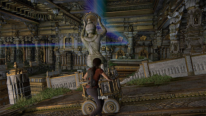 Możesz już skierować się do zlokalizowanej nieco dalej statuy z lustrem, którą również można przesuwać po szynach - Jak rozwiązać zagadkę z pryzmatem i lustrami w rozdziale 7? | FAQ - Uncharted: Zaginione Dziedzictwo - poradnik do gry