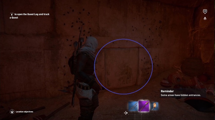 Skręć w lewo, znajdziesz się w pomieszczeniu, z którego będziesz mógł się wydostać poprzez popchnięcie kamiennego przejścia - Grobowiec Chefrena - Tomb of the Khafre | Giza | Grobowce | AC Origins - Assassins Creed Origins - poradnik do gry