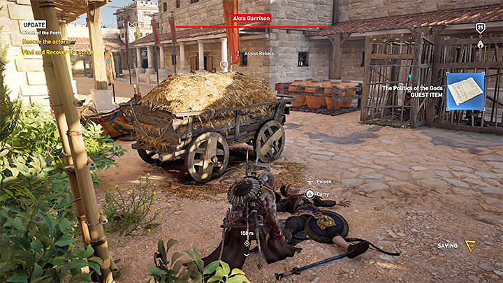 Połóż uratowanego aktora na ziemi i porozmawiaj z nim żeby dowiedzieć się o ukrywającym się jego koledze oraz o aktualnym posiadaczu scenariusza przedstawienia - Aleksandria Zadania poboczne, mapa questów | Solucja Assassins Creed Origins - Assassins Creed Origins - poradnik do gry