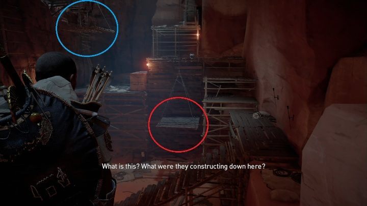 W pierwszej kolejności musisz wejść na dolną platformę - oznaczoną na czerwono - Ucieczka z piramidy wraz z Gamilatem (quest O zachodzie słońca) - Assassins Creed Origins - poradnik do gry