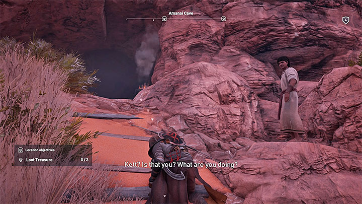Przy wejściu do jaskini Amanai Cave stoi Kett (obrazek) i dowiesz się od niego o bandytach, którzy przejęli kontrolę nad źródłem - Siwa Zadania poboczne, mapa questów | Solucja Assassins Creed Origins - Assassins Creed Origins - poradnik do gry