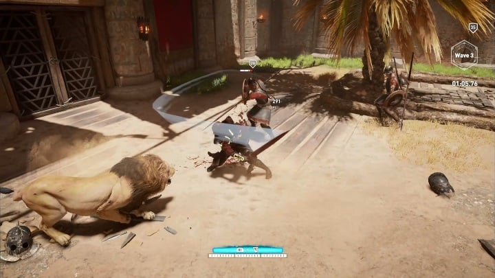 Bardzo dobrym sposobem jest zużywanie silnych ciosów z adrenaliną na najmocniejszych przecinków z tarczą - Arena Krokodylopolis | Jak wygrać na arenie? | Assassins Creed Origins - Assassins Creed Origins - poradnik do gry