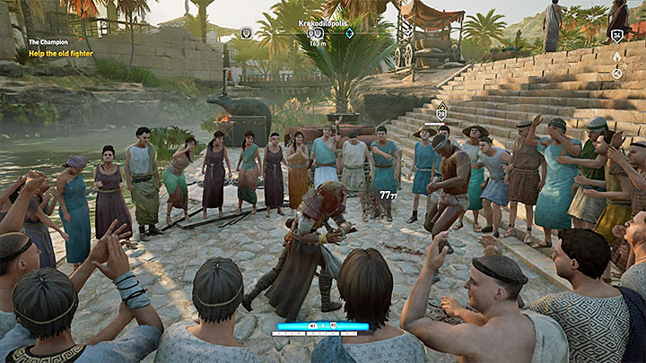 Wciśnij przycisk interakcji żeby obejrzeć walkę i spróbuj pomóc po niej starszemu wojownikowi - Fajum i Oaza Fajum Zadania poboczne, mapa questów | Solucja AC Origins - Assassins Creed Origins - poradnik do gry