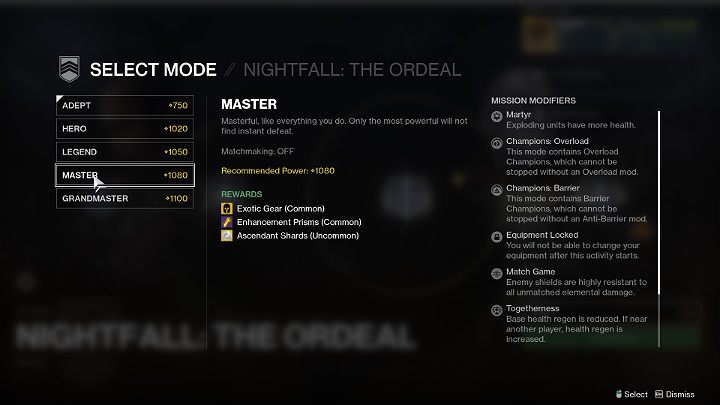 W misji Nocny Szturm: Męka do wyboru jest 5 poziomów trudności, a im trudniej tym większa ilość negatywnych modyfikacji zostanie dopasowanych do rozgrywki - na najtrudniejszych poziomach nawet 8 - Destiny 2: Straż Przednia (Vanguard) - tryb rozgrywki - Destiny 2 - poradnik do gry