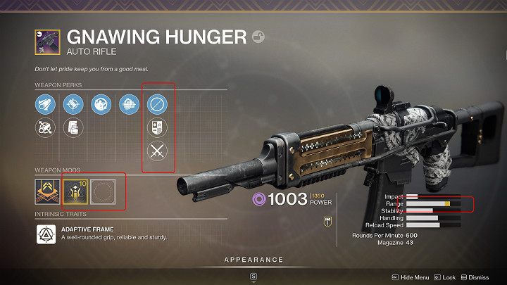 Poza stat trackerem, każda broń typu Masterwork zyskuje bonus do jednej z losowych właściwości - na powyższym obrazku można zauważyć, że po podniesieniu broni Auto Rifle do Masterwork otrzymała ona bonus do zasięgu - Destiny 2: Broń Masterwork - Destiny 2 - poradnik do gry