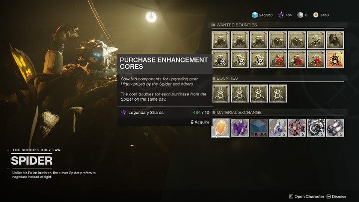 Kupując Enhancement Core u Spidera musisz zwrócić uwagę na to, że tylko jeden dziennie jest dostępny w cene 10 Legendary Shard - Destiny 2: Broń Masterwork - Destiny 2 - poradnik do gry