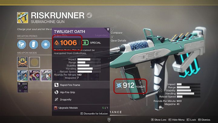 Aby ulepszyć broń przejdź do widoku postaci i wyświetl szczegółowe dane broni, którą chcesz ulepszyć - Destiny 2: Nasycanie - zwiększanie Gear Score przedmiotów - Destiny 2 - poradnik do gry