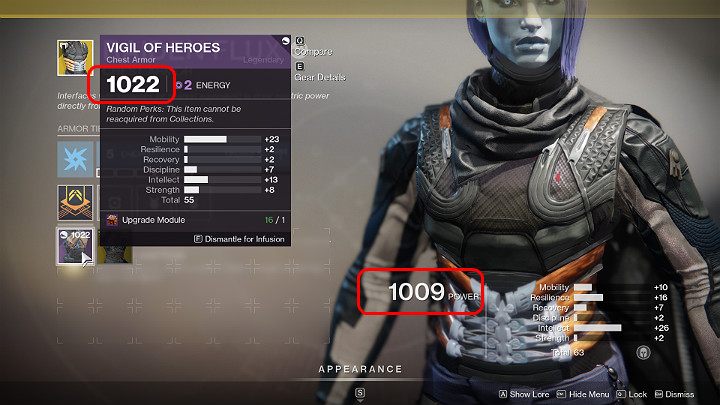 Żeby ulepszyć element pancerza przejdź do widoku postaci i wyświetl szczegółowe dane przedmiotu, który chcesz ulepszyć - Destiny 2: Nasycanie - zwiększanie Gear Score przedmiotów - Destiny 2 - poradnik do gry