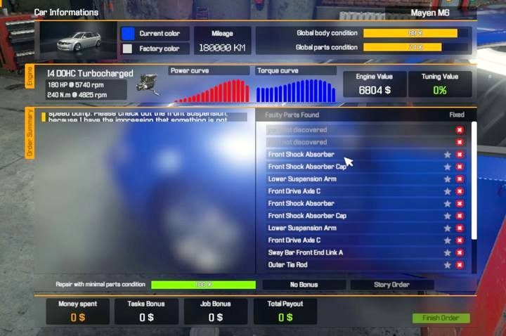 W podglądzie zlecenia pojawiają się informacje na temat pojazdu, wynagrodzenia, części zdiagnozowanych lub wymienionych - Zlecenia i postępy w grze | Podstawy Car Mechanic Simulator 2018 - Car Mechanic Simulator 2018 - poradnik do gry