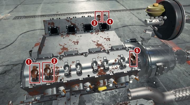 Na ilustracji oznaczono popychacze i dźwignie zaworów, które muszą być wymienione - Zlecenie 28 - Bolt Atlanta | Zlecenia w grze Car Mechanic Simulator 2018 - Car Mechanic Simulator 2018 - poradnik do gry