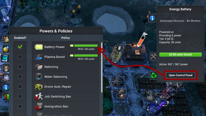 Z poziomu menu budynku, możesz otworzyć panel, który zezwoli na korzystanie z baterii. - Elektryczność | Podstawy Aven Colony - Aven Colony - poradnik do gry