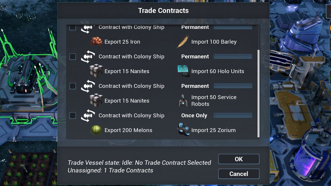 Lista kontaktów handlowych zawiera wiele przydatnych informacji jak np. cykliczność kontraktu. - Handel | Podstawy Aven Colony - Aven Colony - poradnik do gry