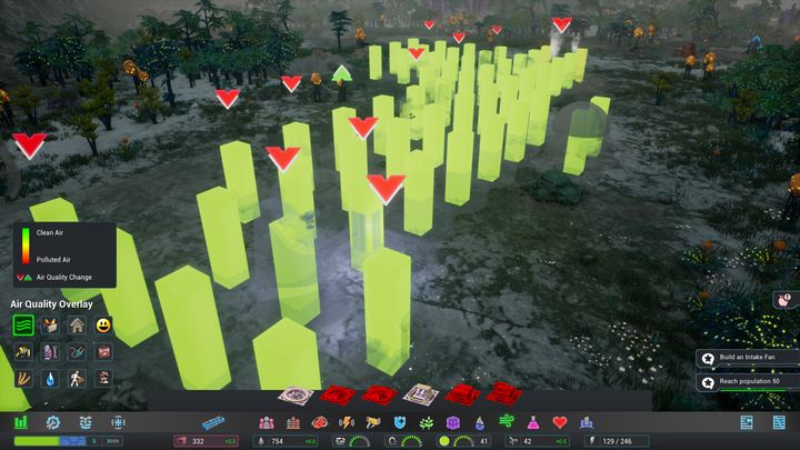 Czerwone strzałki oznaczają budynki emitujące zanieczyszczenia, a zielone budynki je eliminujące. - Zasoby | Podstawy Aven Colony - Aven Colony - poradnik do gry