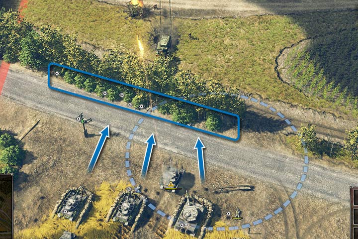 Piechota ustawiona z przodu (ramka) zapewni wizję dla twoich czołgów i artylerii (strzałki) ustawionej z tyłu. Do utrzymania tej przewagi nie możesz pozwolić podejść wrogiej piechocie za blisko twoich pozycji, ale nie zawsze się to uda. - Ustawianie pozycji obronnych | Prowadzenie bitew | Sudden Strike 4 - Sudden Strike 4 - poradnik do gry