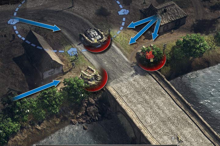 Przeciwnik bardzo skutecznie rozstawił obronę tego mostu. Atak frontalny będzie bardzo kosztowny i nieefektywny. Najlepiej zbombardować to miejsce, zajść z flanki lub od tyłu albo ewentualnie zająć budynek, jeśli nie jest broniony. Zwróć uwagę, że wszystko dostrzegasz dzięki snajperowi na moście, który ma wstrzymany ogień. Zwiad jest równie ważny w ataku i obronie! - Ustawianie pozycji obronnych | Prowadzenie bitew | Sudden Strike 4 - Sudden Strike 4 - poradnik do gry
