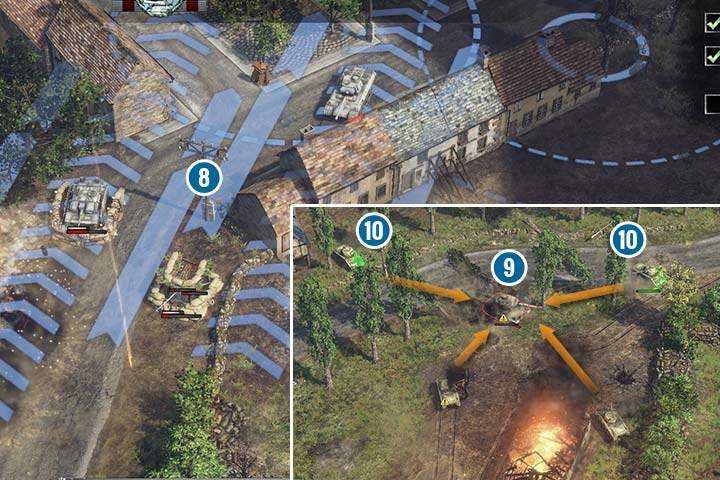 Wyślij oba bombowce do zniszczenia sił w mieście. Najtrudniej będzie pokonać ciężki czołg Tygrys, który jest groźnym przeciwnikiem. Wyeliminuj piechotę wroga, dzięki czemu łątwo go okrążysz i zadasz obrażenie w lżejszy tylni i boczny pancerz. - Misja 2 - Bitwa o Żywopłoty | Alianci | Kampania | Sudden Strike 4 - Sudden Strike 4 - poradnik do gry