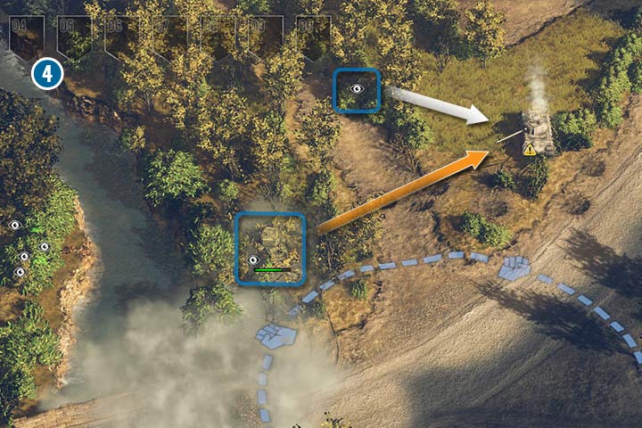 Czołgi z kamuflażem oraz emiterem dymu to niebezpieczne kombinacja. Dym pomogą im się przekraść do gęstej roślinności, skąd mogą prowadzić ostrzał z ukrycia (pomarańczowa strzałka). Dodatkowo, warto mieć zwiadowcę w okolicy do zapewnienia dodatkowego pola widzenia (biała strzałka). - Misja 3 - Bitwa pod Falaise | Alianci | Kampania | Sudden Strike 4 - Sudden Strike 4 - poradnik do gry