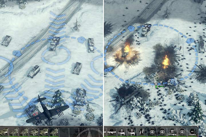 Mądrze wykorzystaj ograniczone wsparcie powietrzne. Wybierz taki kierunek lotu myśliwców, żeby bomby uderzały w tył pojazdy i zadawały więcej obrażeń. Pozostałości dobij oddziałami lądowymi. - Misja 5 - Bitwa o Ardeny | Alianci | Kampania | Sudden Strike 4 - Sudden Strike 4 - poradnik do gry