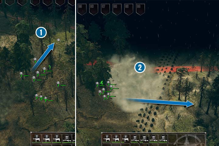 Przed atakiem na pozycje wroga, pozbądź się jego obserwatora. Teraz przystąp do ataku na północną cześć obrony przeciwnika. Możesz zbombardować go moździerzami, albo rzucić granatu dymne i podbiec do jego pozycji. - Misja 6 - Bitwa o Las Hurtgen | Alianci | Kampania | Sudden Strike 4 - Sudden Strike 4 - poradnik do gry