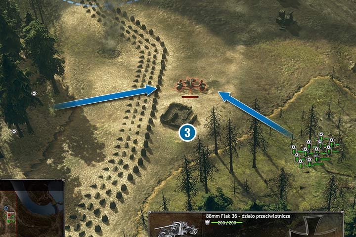 Ciężkie działo przeciwlotnicze jest trudnym przeciwnikiem, ale możesz go wykorzystać przeciwko wrogim czołgom. Najpierw wyeliminuj piechotę w okolicy działa, potem ustaw dwie drużyny po przeciwległych stronach w gęstej roślinności. W ten sposób bez problemu pozbędziesz się obsługi działa. - Misja 6 - Bitwa o Las Hurtgen | Alianci | Kampania | Sudden Strike 4 - Sudden Strike 4 - poradnik do gry