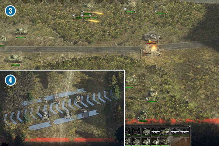 Czołgi z kamuflażem potrafią zaskoczyć skutecznością. Panzer IV nie miał szans z jednoczesną salwą kilkunastu jednostek Aliantów (3). Na wschodzie jest droga pomiędzy lasami, w której czekają posiłki Niemców (4). Jeden bombowiec wystraczy, aby nie przejmować się tym problemem. - Misja 7 - Operacja Plunder | Alianci | Kampania | Sudden Strike 4 - Sudden Strike 4 - poradnik do gry