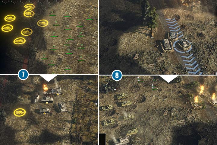 Rozstawienie min jest bardzo skuteczne przeciwko czołgom wroga, zwłaszcza, jeśli nie posiada wsparcia piechoty (7). Z kolei bombowce i samoloty szturmowe (8) znacząco osłabią stacjonarne stanowiska obronne czy wzmocnione workami z piaskiem czołgi i działa. Dobicie takiego wroga to już tylko formalność. - Misja 7 - Operacja Plunder | Alianci | Kampania | Sudden Strike 4 - Sudden Strike 4 - poradnik do gry