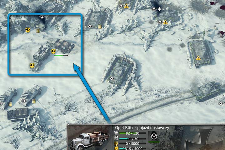 Wszystkie żółte symbole informują cię o niezwłocznych naprawach (wykrzyknik), zapotrzebowania na amunicję (naboje), brak paliwa (kanister) lub niski stan zaopatrzania (otwarte pudło). Pojazdy dostawcze (strzałka) mogą uzupełnić zapasy, a naprawcze naprawić zepsute moduły. - Pojazdy transportowe, naprawcze i dostawcze | Typy wojsk | Sudden Strike 4 - Sudden Strike 4 - poradnik do gry