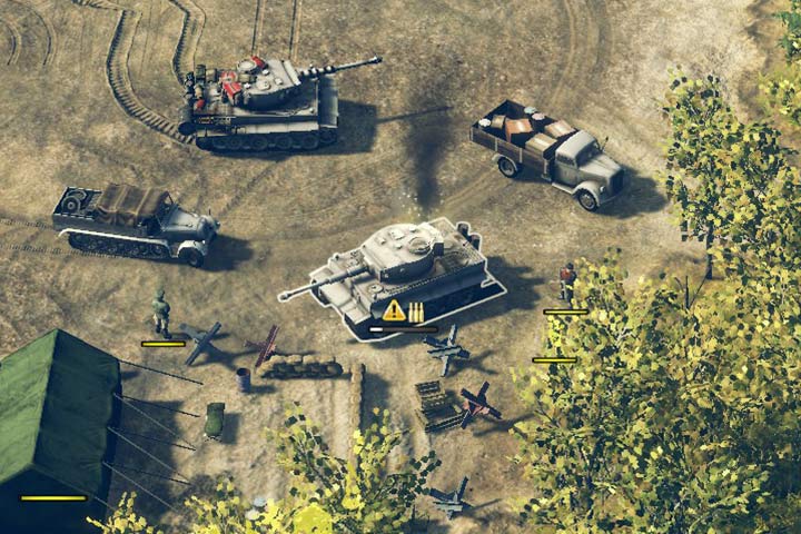 Porzucony Tygrys potrzebuje amunicji oraz napraw. Ma mało punktów wytrzymałości, zniszczoną gąsienicę i nie może nigdzie pojechać. Biały pasek wytrzymałości wskazuje, że jest pusty i można go przejąć. - Amunicja, paliwo, naprawy i przejmowanie pojazdów | Typy wojsk | Sudden Strike 4 - Sudden Strike 4 - poradnik do gry