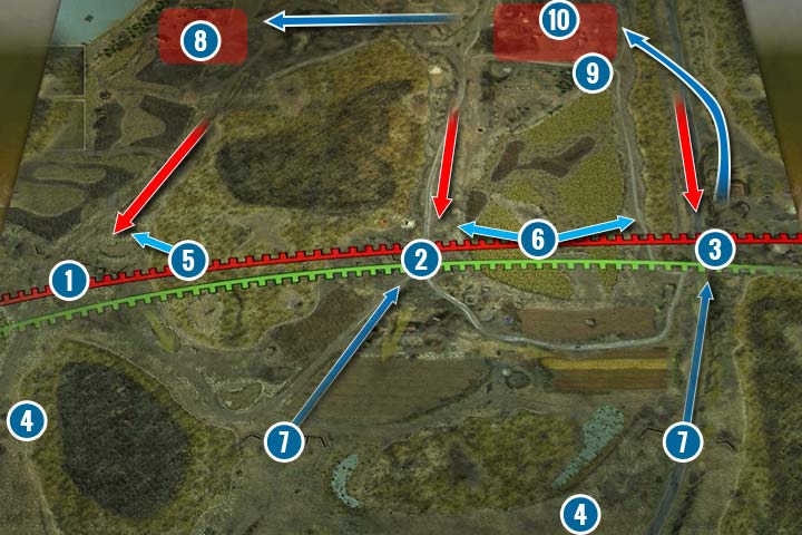 Masz do obrony 3 punkty, z czego środkowy (2) i prawy (3) będziesz musiał bronić dłużej - Misja 6 - Operacja obrony Balatonu | ZSRR | Kampania | Sudden Strike 4 - Sudden Strike 4 - poradnik do gry