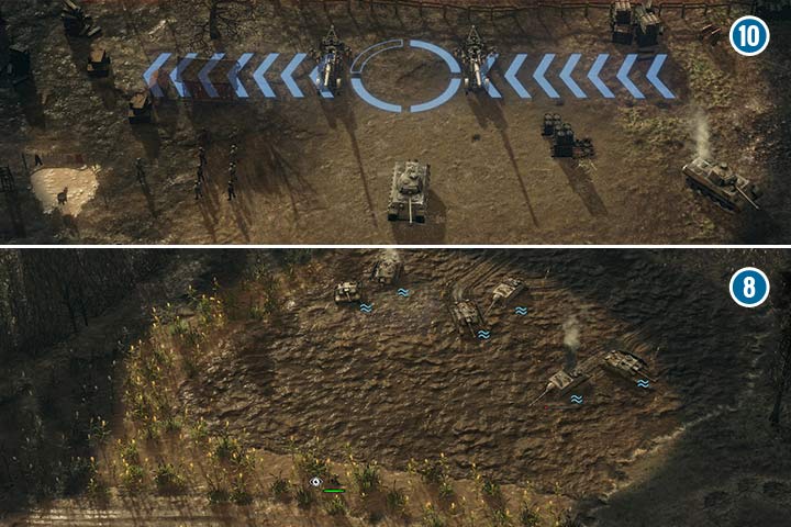 Odpowiednie umiejscowienie bombowca, wyeliminuje największy problem prawej lokacji - ciężką artylerią (10). Lewa lokacja jest otoczona bagnami, co przeszkodzi w twoim ataku pancernym (8). Jednak możesz spróbować zwabić wrogów wprost na bagna i unieruchomić ich jednostki. Teraz są łatwym celem dla twoich dział. - Misja 6 - Operacja obrony Balatonu | ZSRR | Kampania | Sudden Strike 4 - Sudden Strike 4 - poradnik do gry