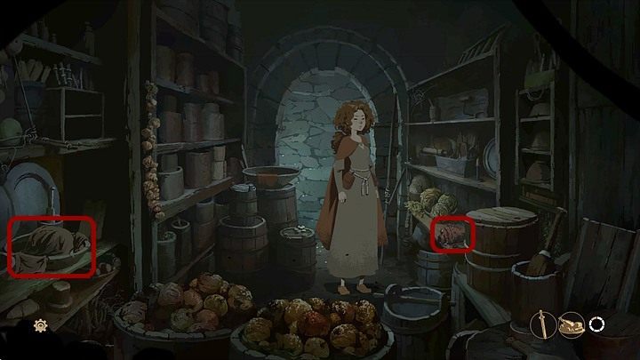 Większość produktów jest zepsuta i niejadalna, ale jeśli odsłonisz kawałek tkaniny przykrywający miskę po lewej, znajdziesz bochenek zeschniętego chleba - Filary Ziemi: Prolog, Earlscastle - solucja, opis przejścia - Filary Ziemi - poradnik do gry