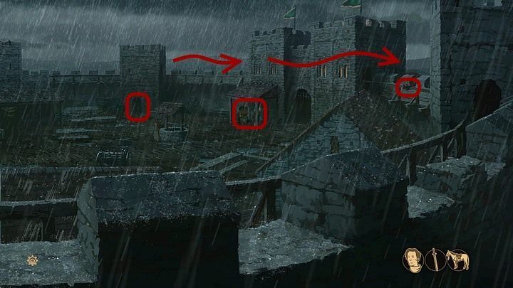 Zwróć uwagę, że pod zadaszeniem (na prawo od studni) stoi dwóch towarzyszy Williama: Hugh Topór i Paskudny Gervase - Filary Ziemi: Rozdział 8, Aliena - solucja, opis przejścia - Filary Ziemi - poradnik do gry